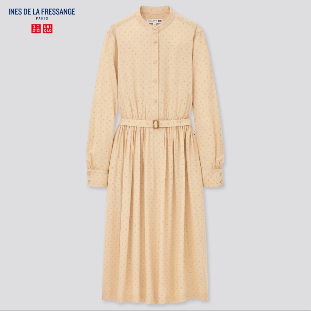 NWT Uniqlo Beige Rayon Printed MIDI dress w/ belt